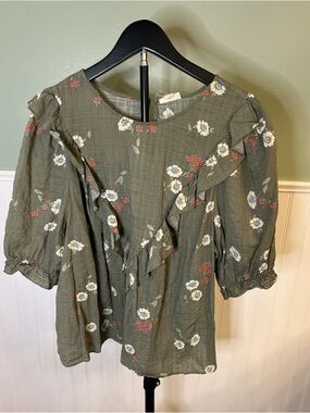 NWOT- a.n.a Olive Green Floral Ruffle Blouse Size XXL